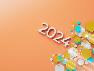 happy new year festival party, graphic abstract design. celebration geometric. happy decoration idea. 2024 number text. christmas art winter wallpaper. background sparkle rendering, 3d illustration