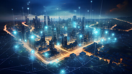 Telecommunication and communication network on city.Smart city development concept. Generative Ai.