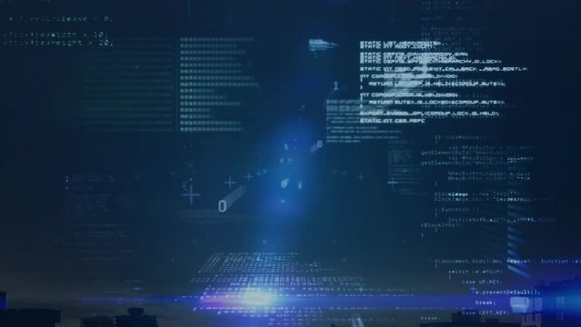 Animation of computer language and binary codes moving on black background