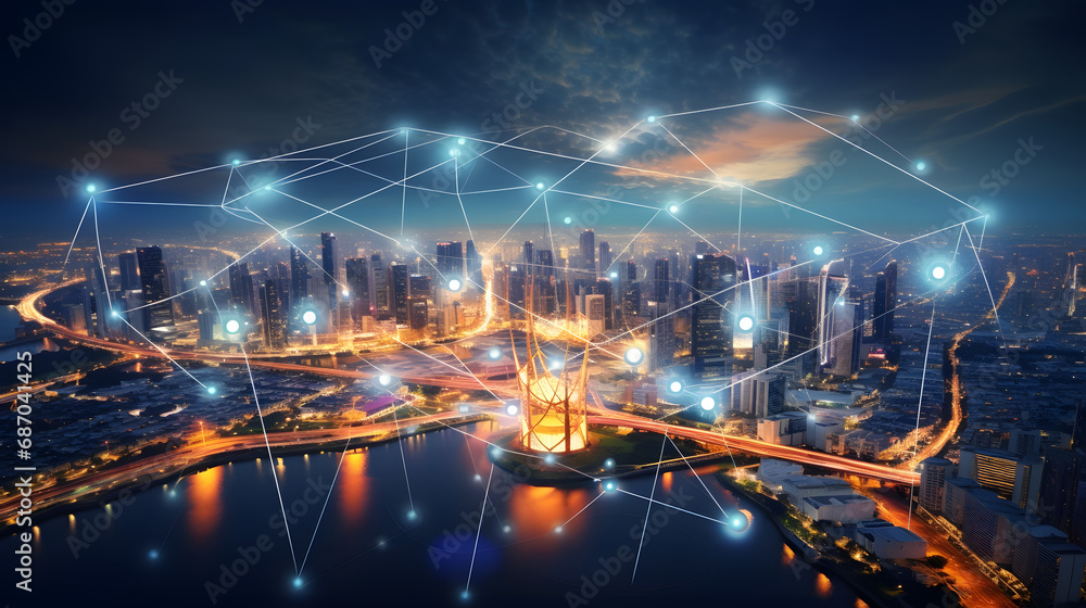 Poster wireless network and connection technology concept with abstract bangkok city background in panorama