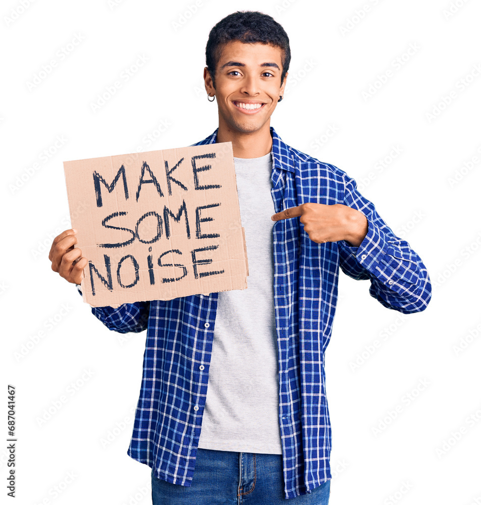 Sticker young african amercian man holding make some noise banner pointing finger to one self smiling happy 