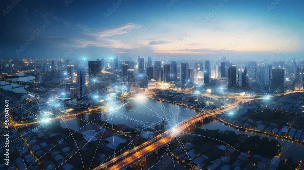Poster wireless network and connection technology concept with abstract bangkok city background in panorama