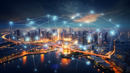 Wireless network and Connection technology concept with Abstract Bangkok city background in...