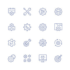 Settings line icon set on transparent background with editable stroke. Containing event, message, sustainable, gears, settings, setting, customer service agent, computer, operating system, setup.