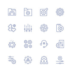 Settings line icon set on transparent background with editable stroke. Containing folder, solution, disruption, control, settings, settings notification, headphones, brain, controls, adjust.