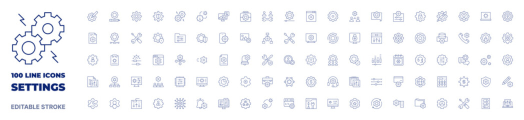 100 icons Settings collection. Thin line icon. Editable stroke. Settings icons for web and mobile app.
