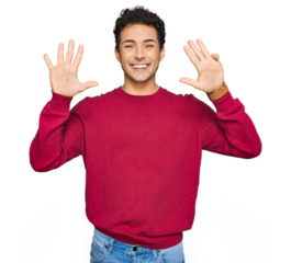 Young handsome man wearing casual clothes showing and pointing up with fingers number nine while smiling confident and happy.
