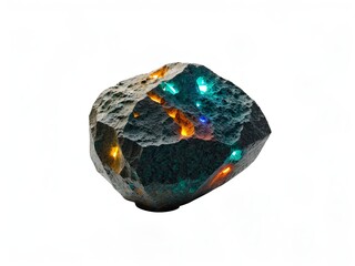 Illuminated Stone: A stone with natural or artificial luminescence, perhaps using phosphorescent paint or embedded LEDs to light up the stone's features, on an empty white background