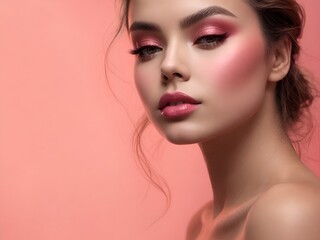 A woman with monochromatic makeup look using varying shades of pink across the eyes - obrazy, fototapety, plakaty