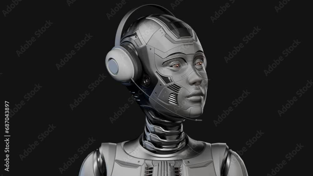 Poster robot woman operator or humanoid cyborg worker with headphones looking around. 3d rendering animatio