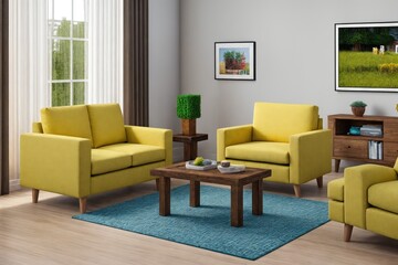 Interior design mockup with picture frame on a Wall. Living room in colors with sofa and painting.