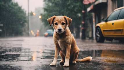 Abandoned hungry dog sitting alone on the street under rain. Generative Ai