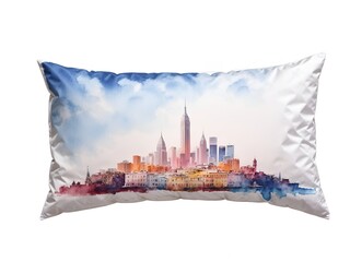 A pillow with a watercolor-painted cityscape design