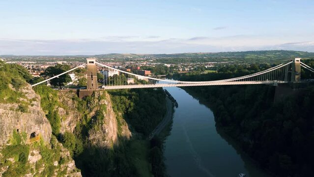 Aerial fly up Clifton Suspension bridge designed by Isambard Brunel in 1864 near Bristol, England, UK