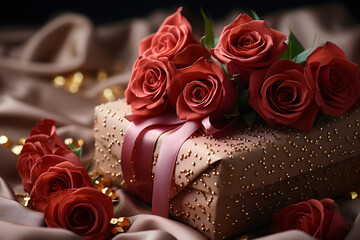 Gift box with red roses on satin background, close up, valentine's day concept, ai generated