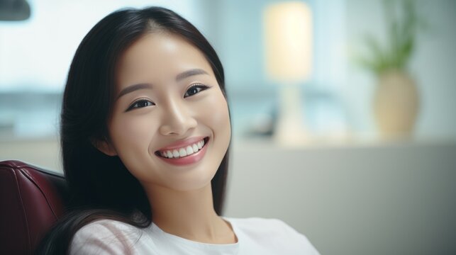 Beautiful smiling Asian woman sitting in a room. Portrait of a laughing Chinese girl with perfect teeth waiting in an office. Cheerful young Japanese female sitting in a chair, indoor closeup.