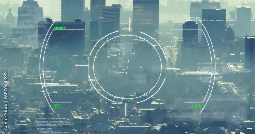 Poster animation of circles, lines and computer language over aerial view of modern cityscape