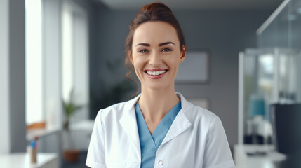 Smiling woman doctor standing in a clinic with a lab coat. Medicine and healthcare concept. Portrait of a beautiful happy female caucasian nurse standing in a new, clean hospital corridor.