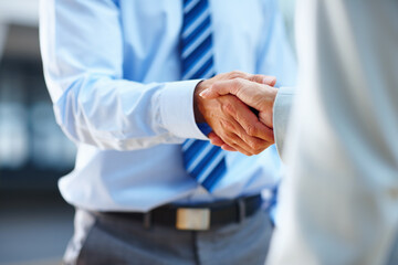 Business people, shaking hands and Human Resources meeting, job interview or welcome for career introduction. Professional manager, employer or clients with handshake for recruitment and hiring deal - obrazy, fototapety, plakaty