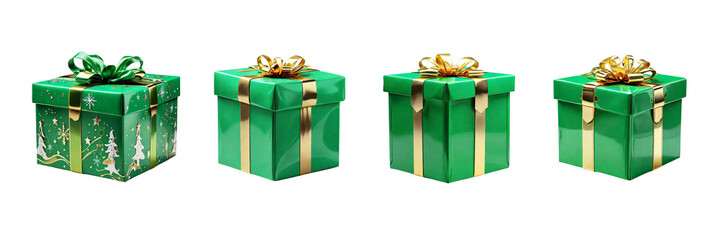 Set of four green charismas gift box, isolated on white background