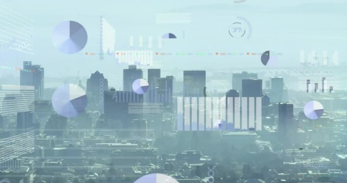 Animation of graphs, loading circles and trading board over modern cityscape against sky