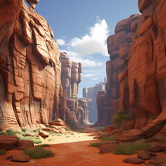 a serene canyon with layered rock formations and a clear sky.