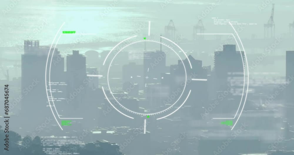 Poster animation of circles, lines and computer language over aerial view of fog covered modern city
