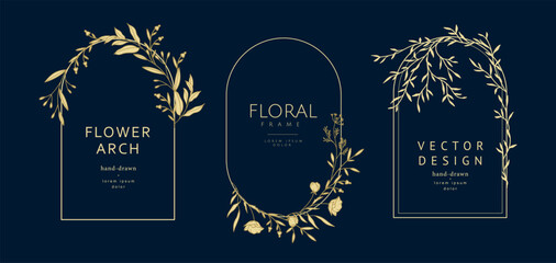 Luxury hand drawn floral frames. Elegant arched frames with golden flowers on a blue background. Botanical vector illustration for label, logo, branding, wedding invitation, save the date - obrazy, fototapety, plakaty