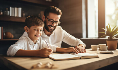 Father and son bonding together Father teaches child homework in living room, quality time at home