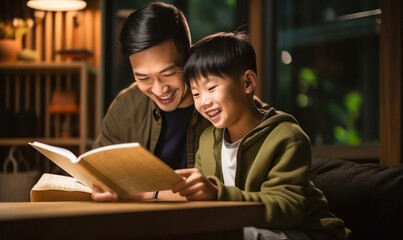 Father and son bonding together Father teaches child homework in living room, quality time at home