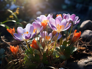 Spring Flowers, Crocus Blossoms On Grass With Sunlight. Generative Ai