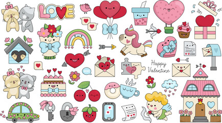 Vector cartoon set of Saint Valentine day elements with cupid, unicorn, hearts, cats, rainbow, perfect match. Cute funny kawaii line illustrations or icons for kids with love concept.