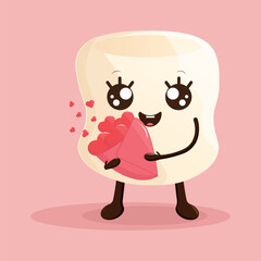 Cartoon marshmallow with a bouquet of hearts. Marshmallow character design for Valentine's Day. Marshmallow vector on pink background