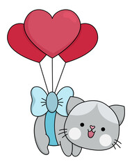 Vector cartoon kawaii cat flying on heart shaped balloons. Kitty isolated clipart. Cute kitten colored outlined illustration. Funny Saint Valentine day icon for kids with love concept.