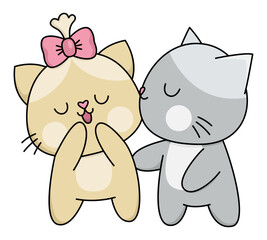 Vector cartoon kawaii kissing cat pair. Kitties isolated clipart. Cute kitten colored outlined illustration. Funny Saint Valentine day icon for kids with love concept