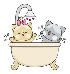 Vector cartoon kawaii cat pair taking bath. Kitties isolated clipart. Cute kitten colored outlined illustration. Funny Saint Valentine day icon for kids with love concept