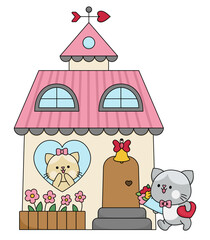 Vector cartoon kawaii cat house, girl waiting for boy with flowers. Kitties isolated outlined clipart. Cute kitten. Funny Saint Valentine day icon for kids with love concept.