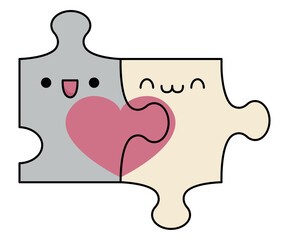 Vector cartoon kawaii jigsaw puzzle pieces. Quiz details isolated clipart. Cute Saint Valentine day illustration. Funny icon for kids with love or perfect match or pair concept.