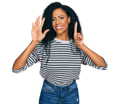 Middle age african american woman wearing casual clothes showing and pointing up with fingers number six while smiling confident and happy.