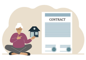 A woman on the boat holds a house nearby a big contract. Real estate transaction concept, purchase, sale, rent or rental house.