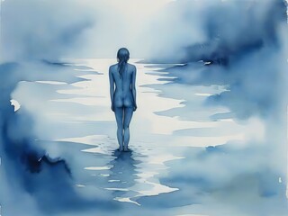 Una representación visualmente descriptiva de una figura solitaria, rodeada por un mar de acuarela azul, que representa el sentimiento de tristeza y el poder de la emoción humana 4