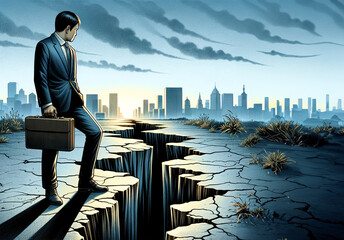 Man in suit with briefcase standing at the edge of a cracked earth overlooking a city skyline at dawn.