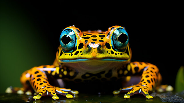 A dazzlingly colored blue poison arrow frog, found in the rainforests of Central and South America, serious yellow frog , photography concept, wildlife photo of an animal photographer, Poison vivid