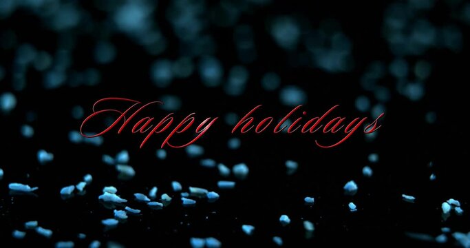 Animation of happy holidays text over blue star shapes falling on ground