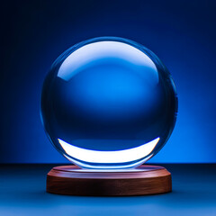 Clear shiny  empty crystal glass ball on wooden base plate stand with dark blue background