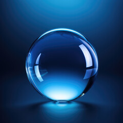 Clear shiny  empty crystal glass ball on blue background with light reflections