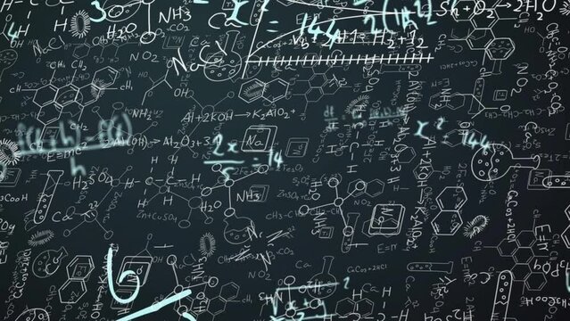 Animation of medical drawings, mathematical equations and diagrams on blackboard