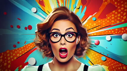 Portrait of surprised woman in glasses in retro pop art style, astonishment on woman face with bold colors and dynamic shapes evoking spirit of 1960s, vintage advertising billboard of shocked female - obrazy, fototapety, plakaty