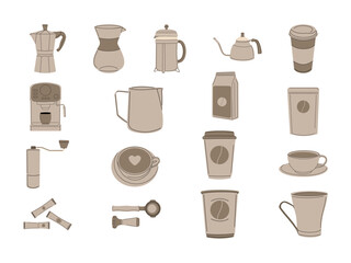 Coffee Brewing Methods and Tools Collection. Set of Coffee Machine and Utensils. Hand Drawn Illustration Elements for Cafe, Coffee Shop, and Restaurant