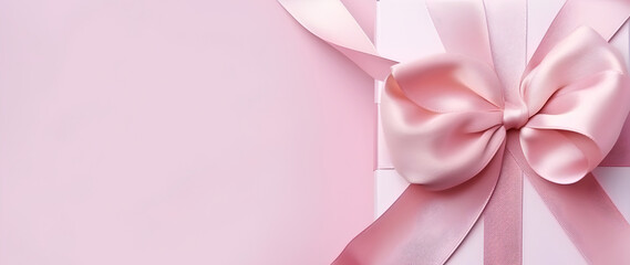 Elegant pink gift box with satin ribbon, mother's day celebration, copy space